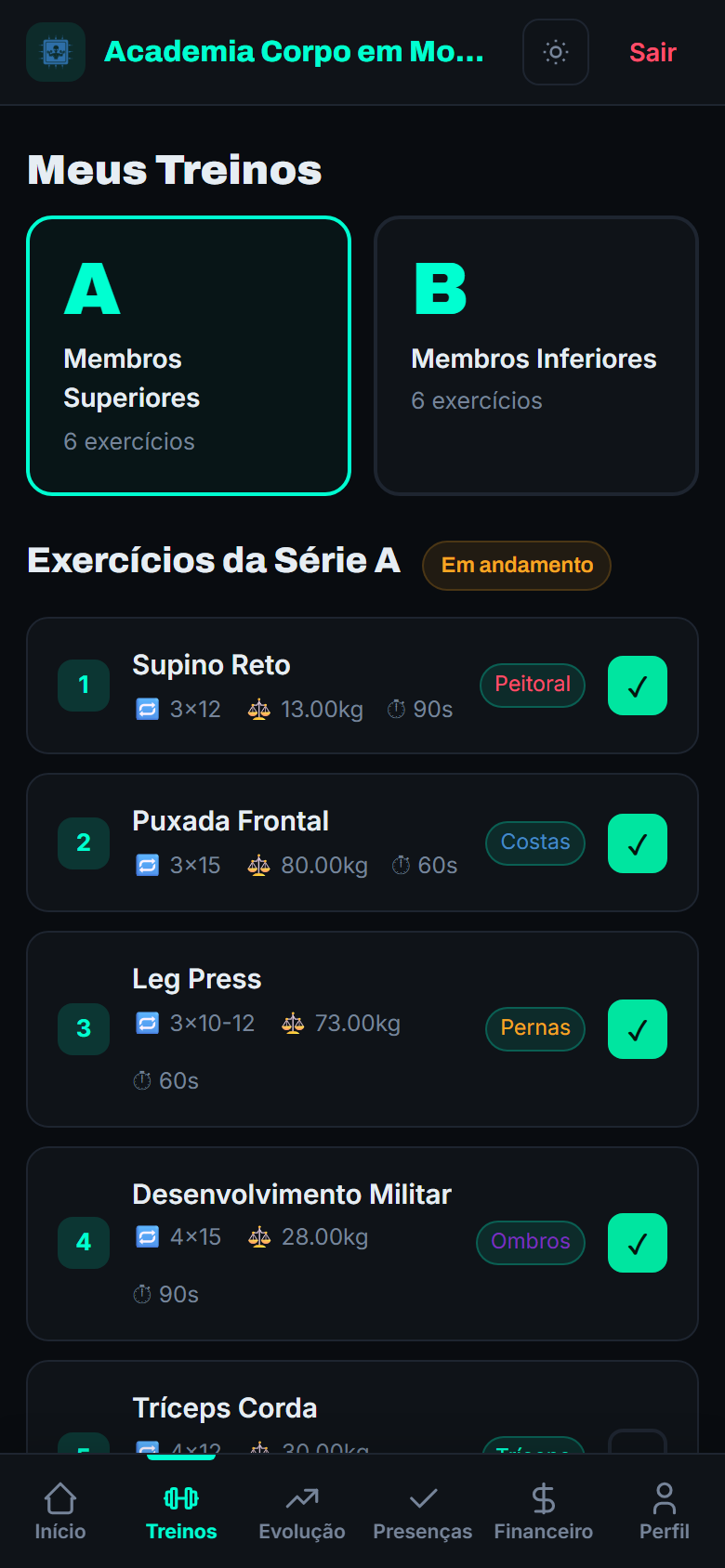 Checklist de treino do dia no portal do aluno
